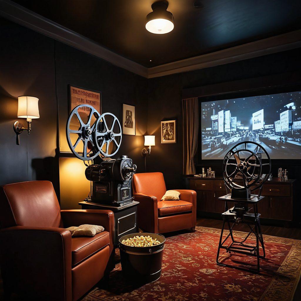 A cinematic scene featuring a vintage film projector casting vibrant images of classic movie scenes onto a dark backdrop. Include film reels scattered around and a cozy seating area with plush chairs, popcorn bowls, and a glowing screen displaying film recommendations. The atmosphere should evoke nostalgia and excitement for cinema. super-realistic. warm tones. dramatic lighting.