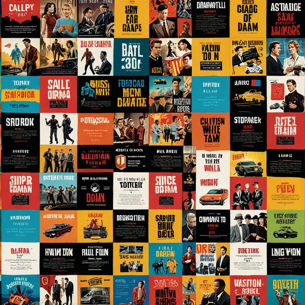 A visually striking film guide showcasing a vibrant collage of iconic movie scenes representing various genres, including action, drama, and comedy. Integrate a dynamic box office graph intertwining with cinematic elements like film reels, popcorn, and vintage cameras to highlight trends. Use bright colors and a cinematic flair to create an engaging atmosphere. super-realistic. vibrant colors. 3D.